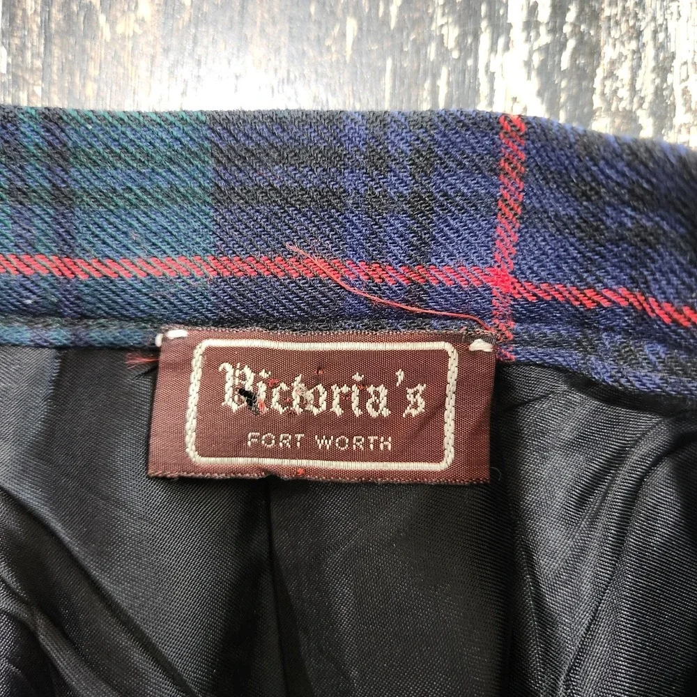 Vintage Wool Green Blue Tartan Plaid Pleated Midi Skirt Waist 25
